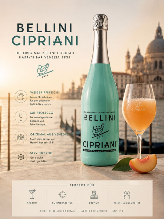 Cipriani Bellini Cocktail 750ml 5,5% Vol. The Original Anleitung Zubereitung im Hintergrund Venedig