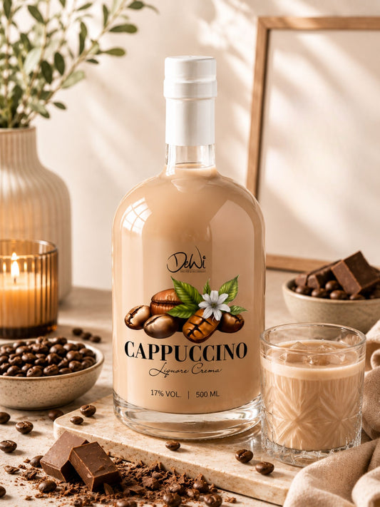 DeWi Cappuccino Likör 500 ml mit Kaffee, Schokolade und cremigem Likörglas in heller moderner Café-Szenerie.
