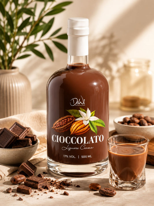 DeWi Cioccolato Crema Schokoladenlikör 500 ml mit Schokolade, Kakaobohnen und Likörglas in heller moderner Genuss-Szenerie.