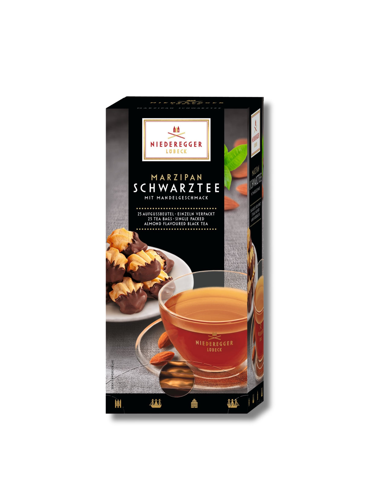 Niederegger Marzipan Schwarztee 43,75 g – aromatisierter Schwarzer Tee mit Mandel- und Vanillearoma, 25 Beutel für feinen Marzipan-Teegenuss, erhältlich in der Dreyer Confiserie in der Rattenfängerstadt Hameln.