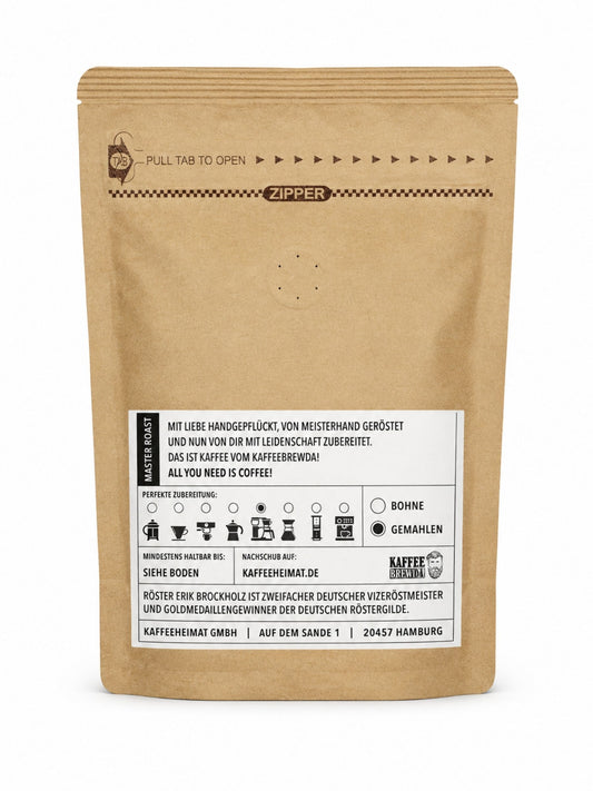 Rückseite und Inhalt Tasty Hazelnut Kaffee gemahlen 250g Kaffee Brewda