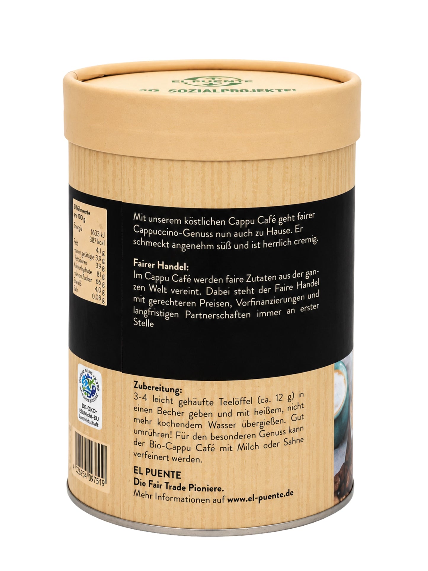 Rückseite und Inhalt von Fair Trade Cappu Café Cappuccino Pulver 200g El Puente