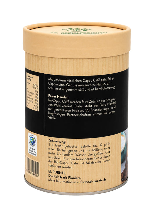 Rückseite und Inhalt von Fair Trade Cappu Café Cappuccino Pulver 200g El Puente