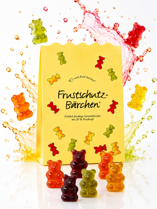 Frustschutz-Bärchen Gummibärchen 150g von K's Soul Food Kitchen vor buntem Hintergrund