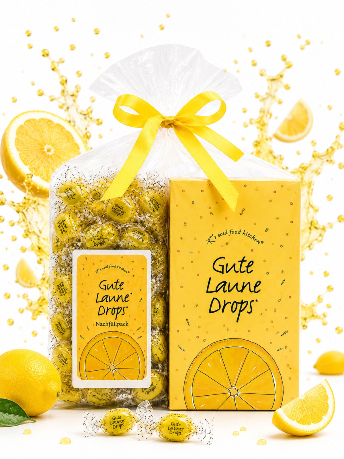 Bundle: Gute Laune Dispenser & Nachfüllpack von K's Soul Food Kitchen vor buntem Hintergrund mit Zitronen
