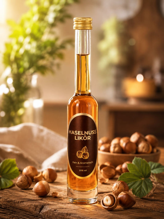 Haselnusslikör 40 ml von Dreyer Confiserie mit Haselnüssen und warmem modernem Hintergrund als hochwertiges Verkaufsbild.
