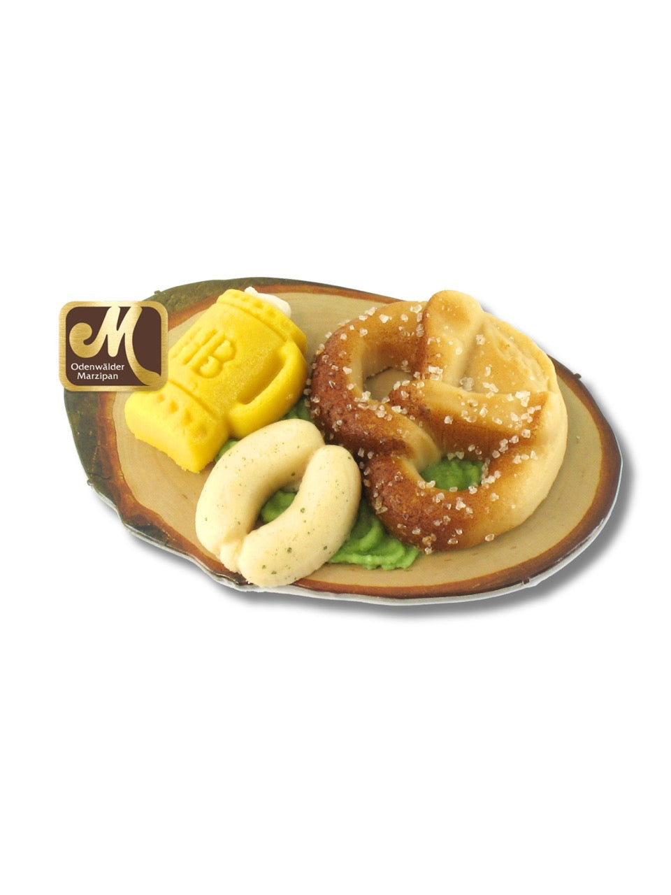 Bayrischer Vesperteller aus Marzipan mit Brezn, Weißwürsten und Bier, 60 g, handgefertigt von der Odenwälder Marzipan Konditorei – erhältlich in der Dreyer Confiserie in Hameln und online.