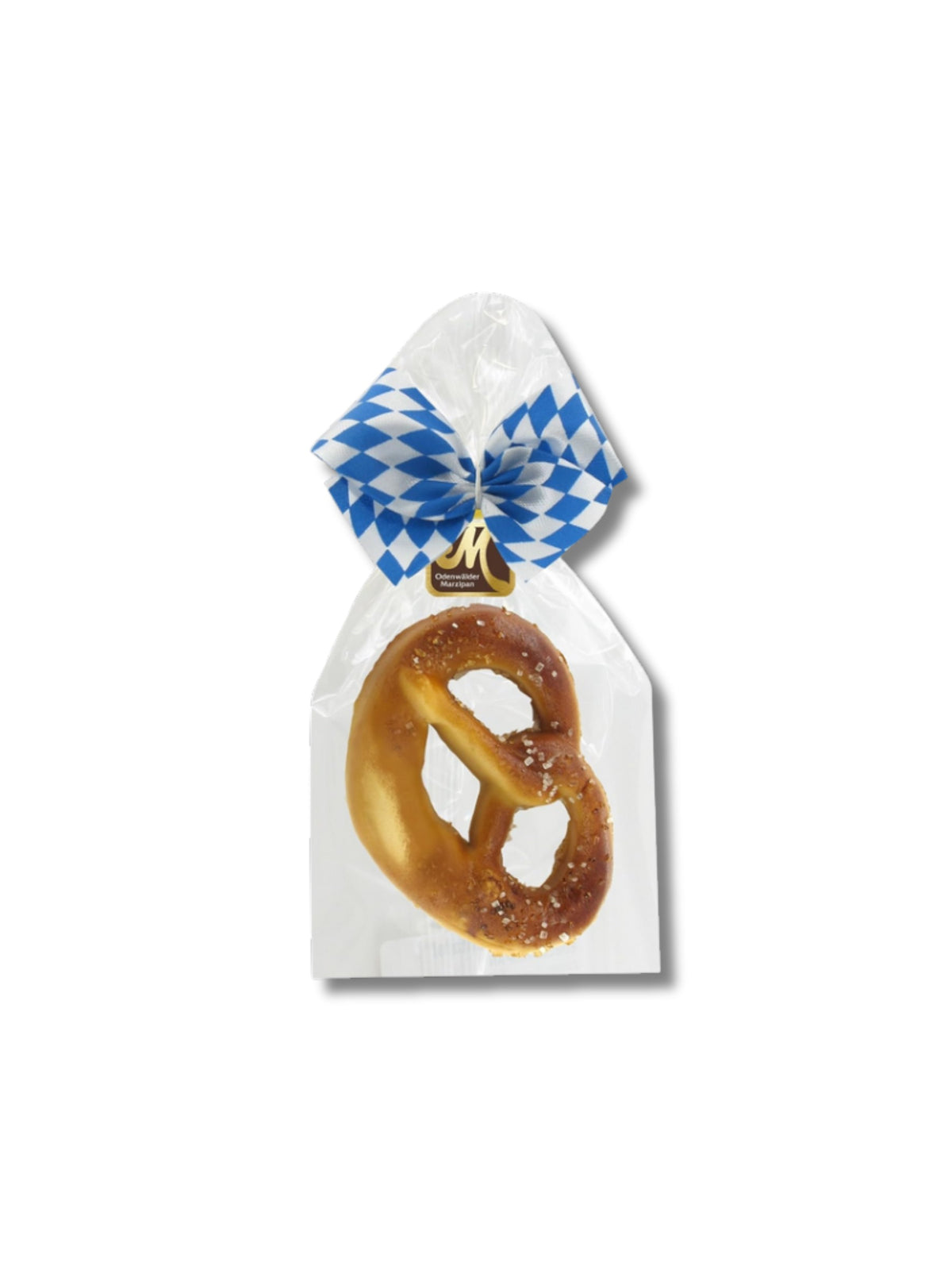 Marzipan-Brezel mit blau-weißer Schleife, 50 g, handgefertigt von der Odenwälder Marzipan Konditorei – erhältlich in der Dreyer Confiserie in Hameln und online.