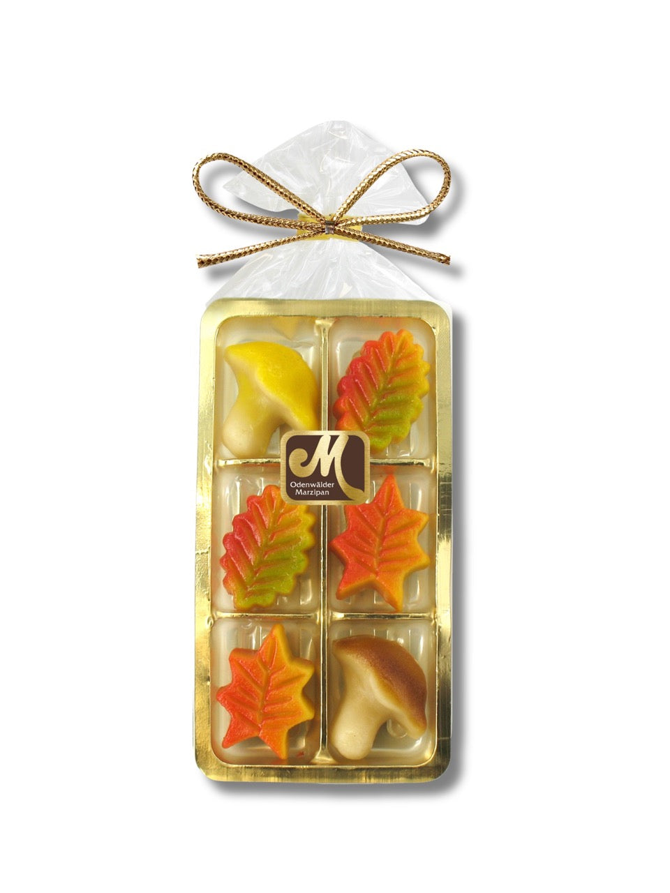 Herbstliche Marzipanfiguren von der Odenwälder Marzipankonditorei – bunte Blätter und Pilze aus Edelmarzipan, handmodelliert, 100 g. Erhältlich in der Dreyer Confiserie in Hameln.