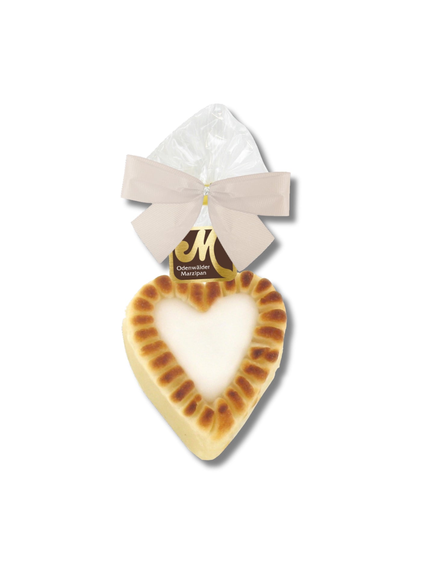 Geflämmtes Marzipan-Herz mit weißem Fondant, 30 g, handgefertigt von der Odenwälder Marzipan Konditorei – erhältlich in der Dreyer Confiserie in Hameln und online.