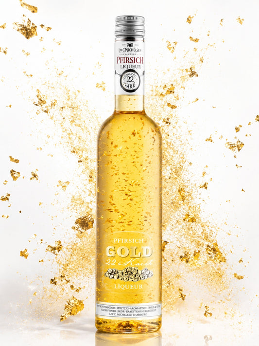 Pfirsich Likör mit Blattgold 500ml L.W.C. Michelsen 20% Vol. mit goldenem Hintergrund