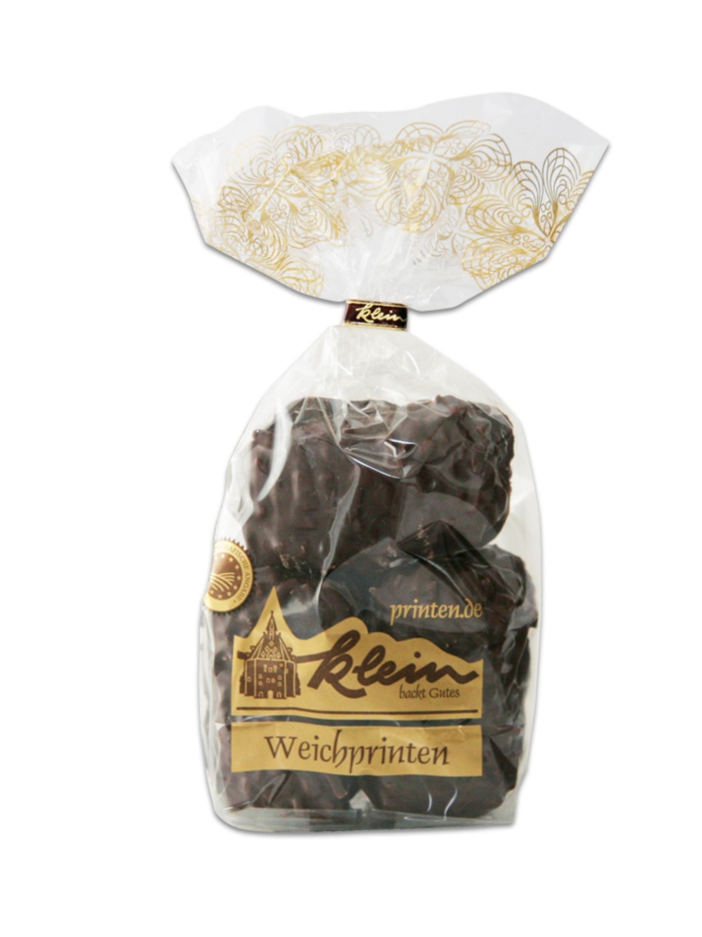 Schoko-Mandel-Weichprinten Zartbitter 200 g – weiche Aachener Printen mit edler Zartbitterschokolade und feinen Mandeln, erhältlich in der Dreyer Confiserie in der Rattenfängerstadt Hameln.