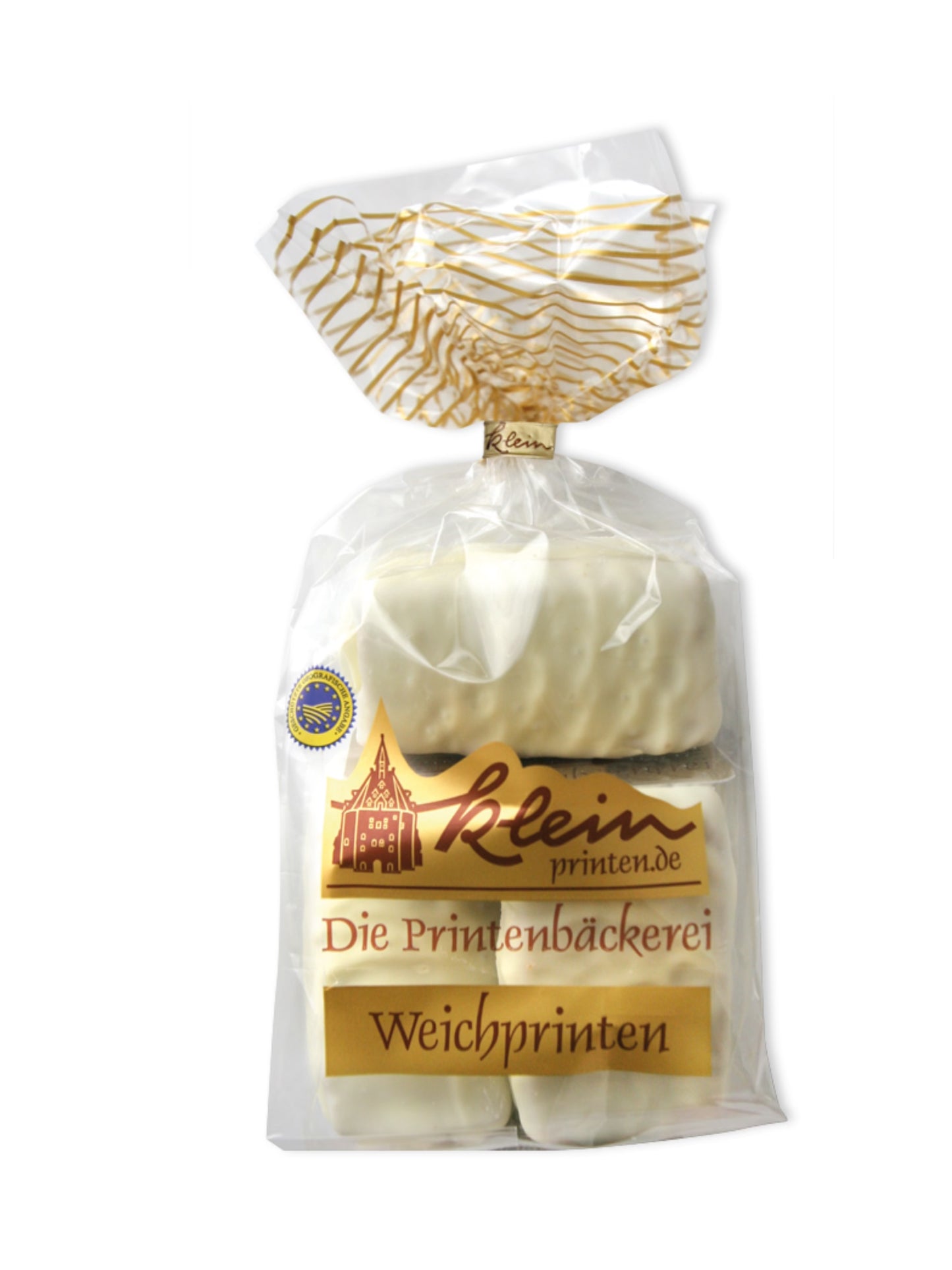 Weiße Weichprinten ohne Nuss 200 g – weiche Aachener Printen mit feiner weißer Schokolade, hergestellt ohne Nüsse, erhältlich in der Dreyer Confiserie in der Rattenfängerstadt Hameln.