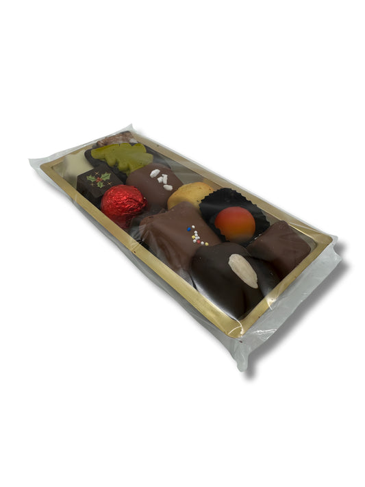 Produktbild Filztasche „Schöne Bescherung“ 125 g – adventliche Gebäck-Pralinen-Mischung in grüner Filztasche.