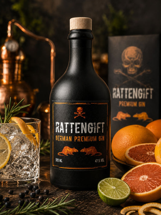 Rattengift Premium Gin Zitrus 500 ml in stilvoller Bar-Atmosphäre mit Zitrusfrüchten, Eiswürfeln, Wacholderbeeren und Gin-Glas als hochwertiger Serviervorschlag.