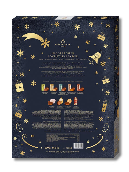 Rückseite und Inhalt Niederegger Adventskalender Nougat 500 g – Adventskalender mit 38 Nougat-Pralinen in Vollmilch-Schokolade, erhältlich in der Dreyer Confiserie in der Rattenfängerstadt Hameln.
