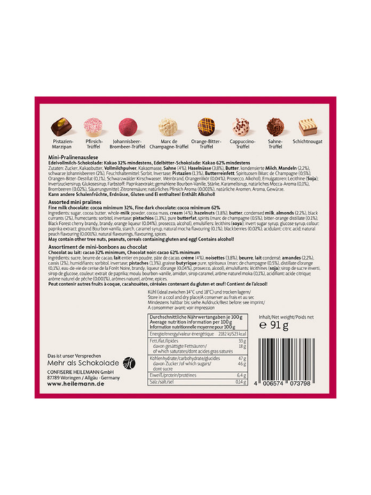 Rückseite und Inhaltstoffe von Mini Pralinés „Merry Christmas“ 91 g – festliche Geschenkverpackung mit edlen Pralinés und Etikett „Winter in der Rattenfängerstadt“, erhältlich in der Dreyer Confiserie in Hameln.