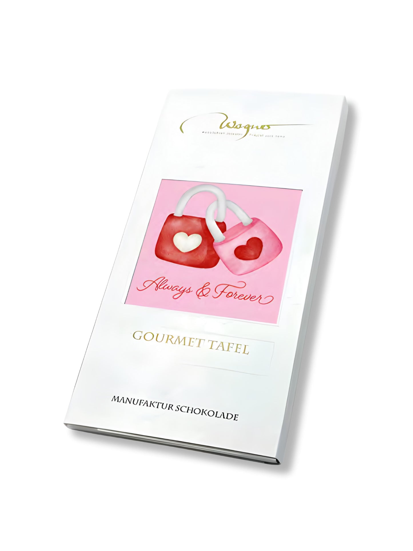 Wagner Pralinen Manufaktur-Schokolade Always & Forever Vollmilch 80g. Gourmet-Tafel mit Herzmotiv erhältlich in der Dreyer Confiserie Hameln.