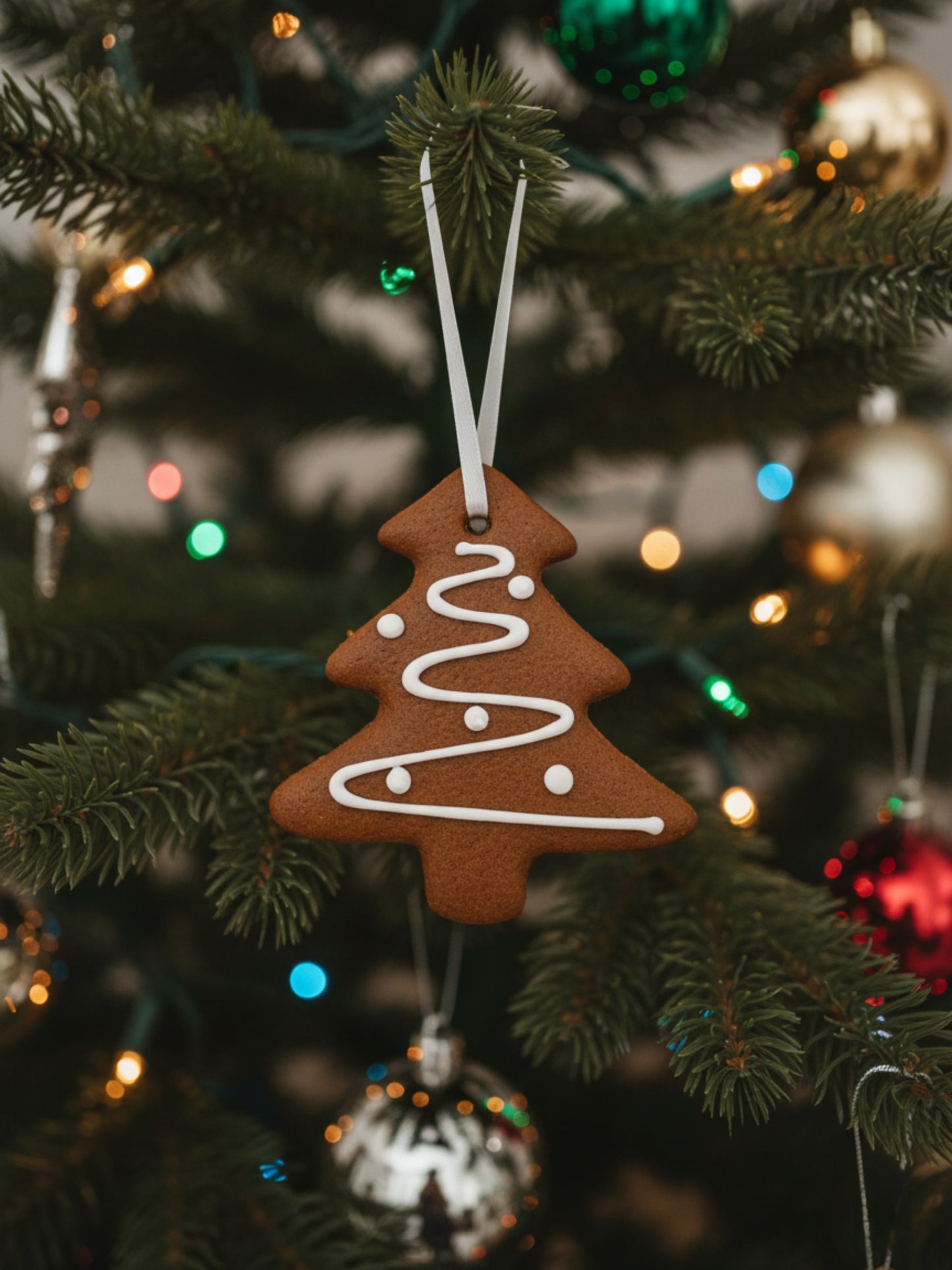 Lebkuchen Baumbehang "Weihnachtsbaum" 15 g. Handgebackener Lebkuchen mit weißem Band zum Aufhängen von der Woletz Lebkuchen-Manufaktur. Erhältlich in der Dreyer Confiserie in der Rattenfängerstadt Hameln.