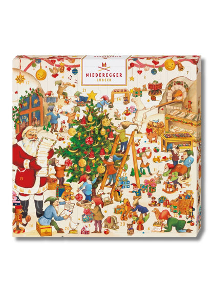 Niederegger Adventskalender Wichtelwerkstatt Mini 168 g – Mini-Adventskalender mit 24 Marzipan-Pralinen in Zartbitter-Schokolade, erhältlich in der Dreyer Confiserie in der Rattenfängerstadt Hameln.