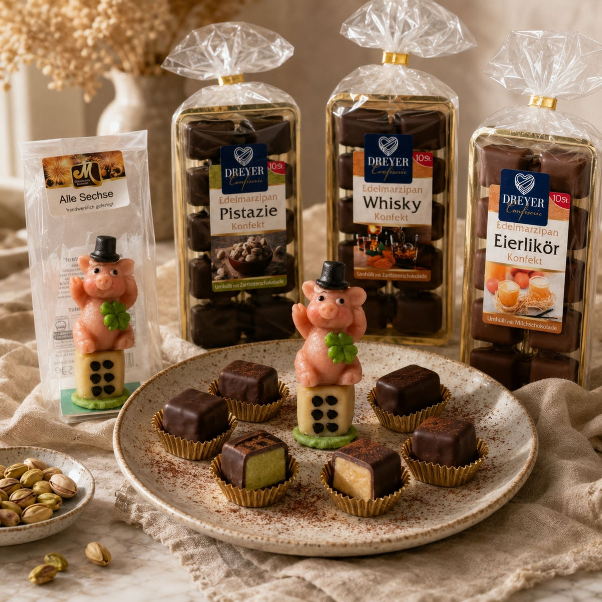 Edelmarzipan-Konfekt und Marzipan-Glücksbringer von Odenwälder Marzipan