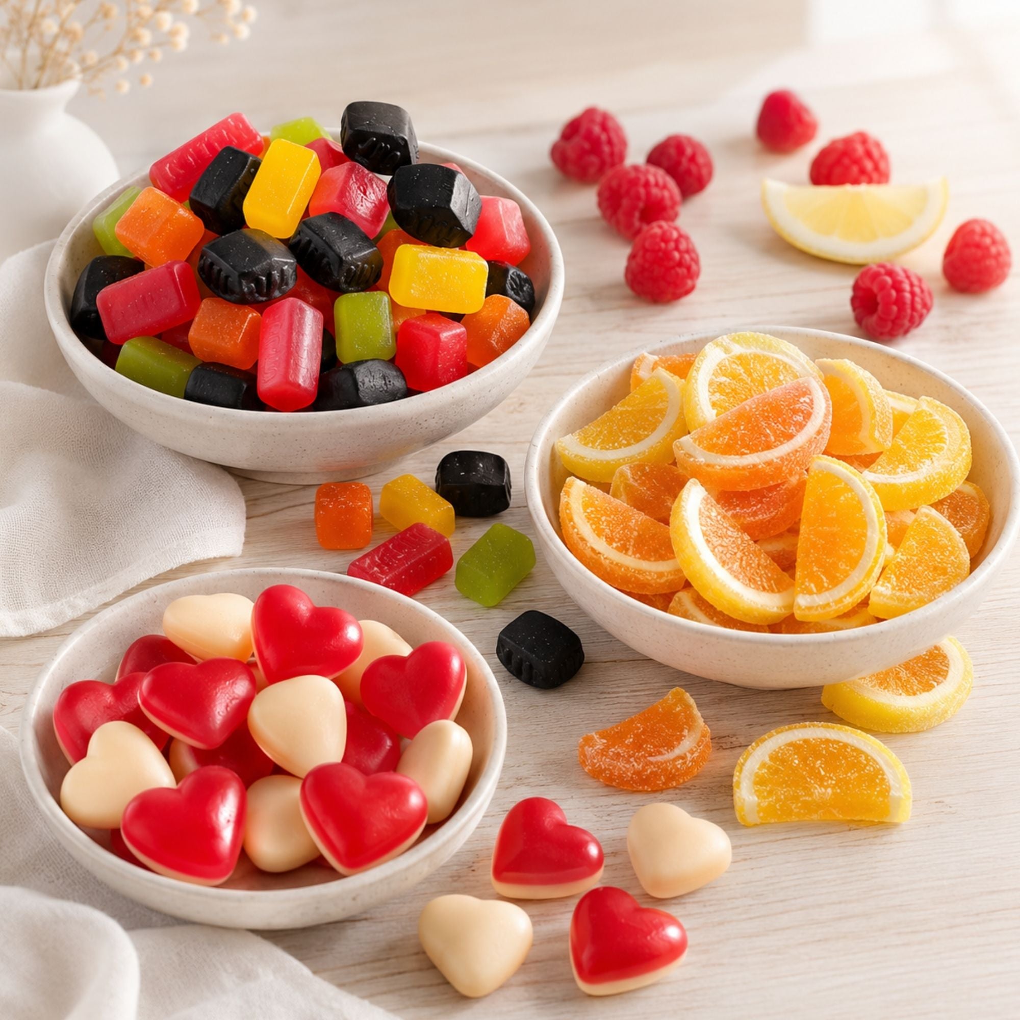 Fruchtgummi und Gelee-Spezialitäten auf hellem Holzuntergrund