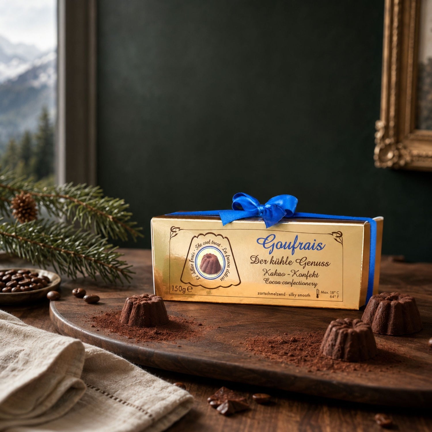 Goufrais Kakaokonfekt Geschenkpäckchen 150g in Goldverpackung mit blauer Schleife – Schwarzwald-Spezialität
