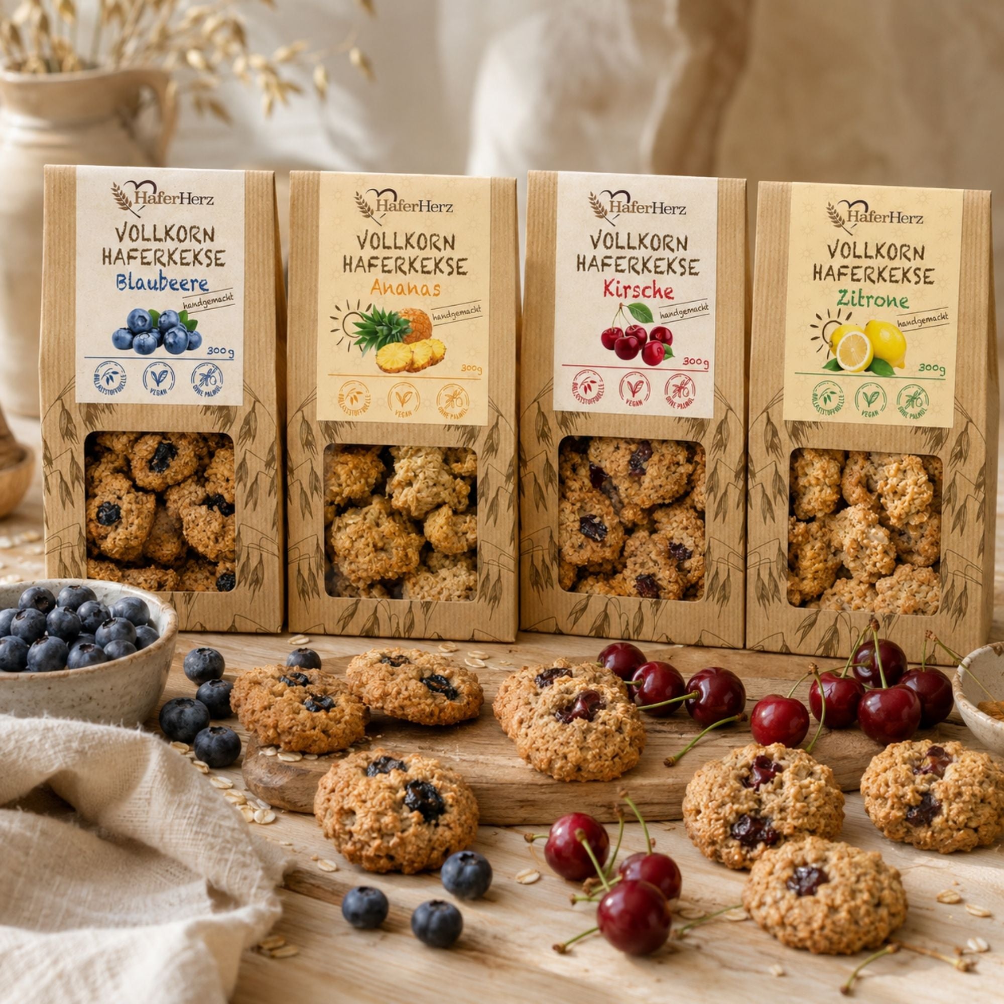 Fruchtige vegane Haferkekse mit Beeren auf hellem Holz