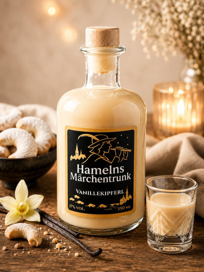 Hamelns Märchentrunk Vanillekipferl 350 ml mit Vanillekipferln, Vanilleschoten und Likörglas in warmer moderner Genuss-Szenerie.
