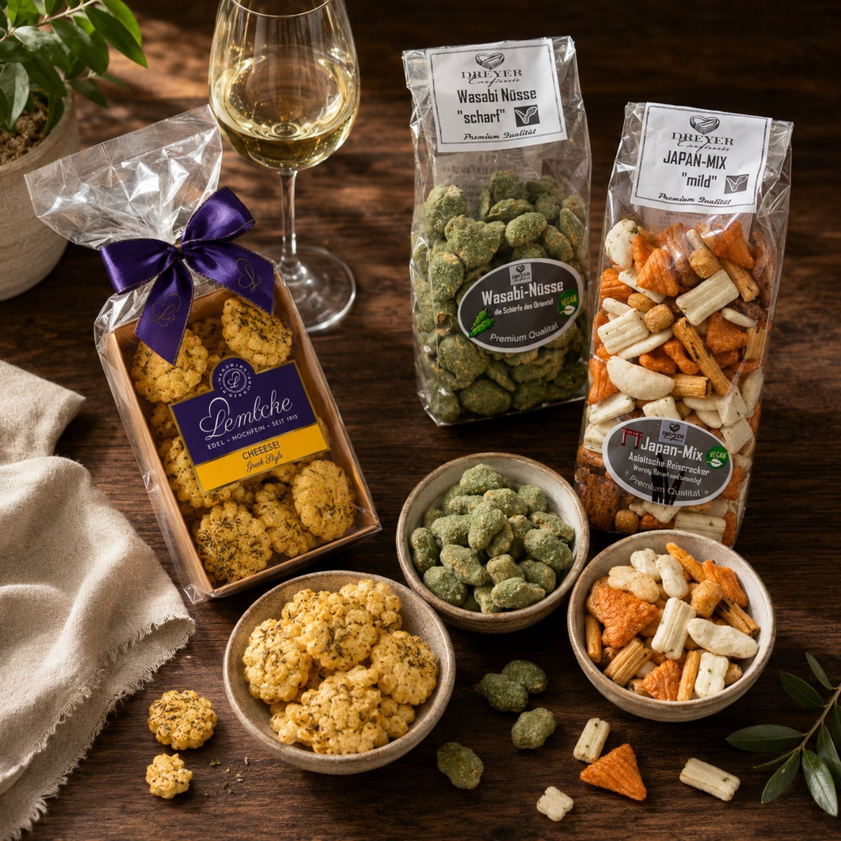Auswahl herzhafter Snacks als Flatlay zum geselligen Abend