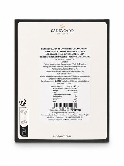 Rückseite und Inhalt von Hameln Schokoladentäfelchen Geschenkbox 120g CandyCard
