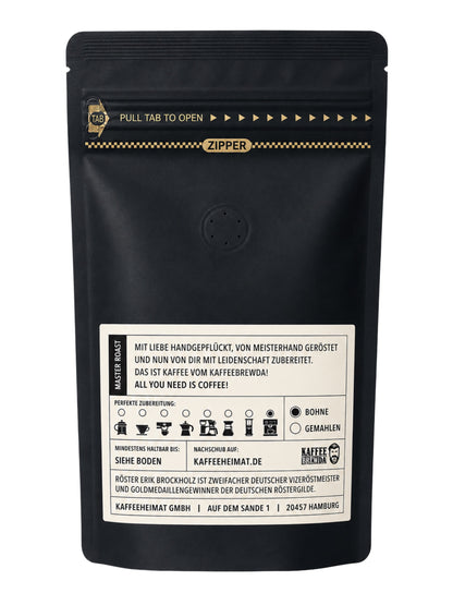 Rückseite und Inhalt Espresso No2 Hallo Wach Bohne 250g Kaffee Brewda