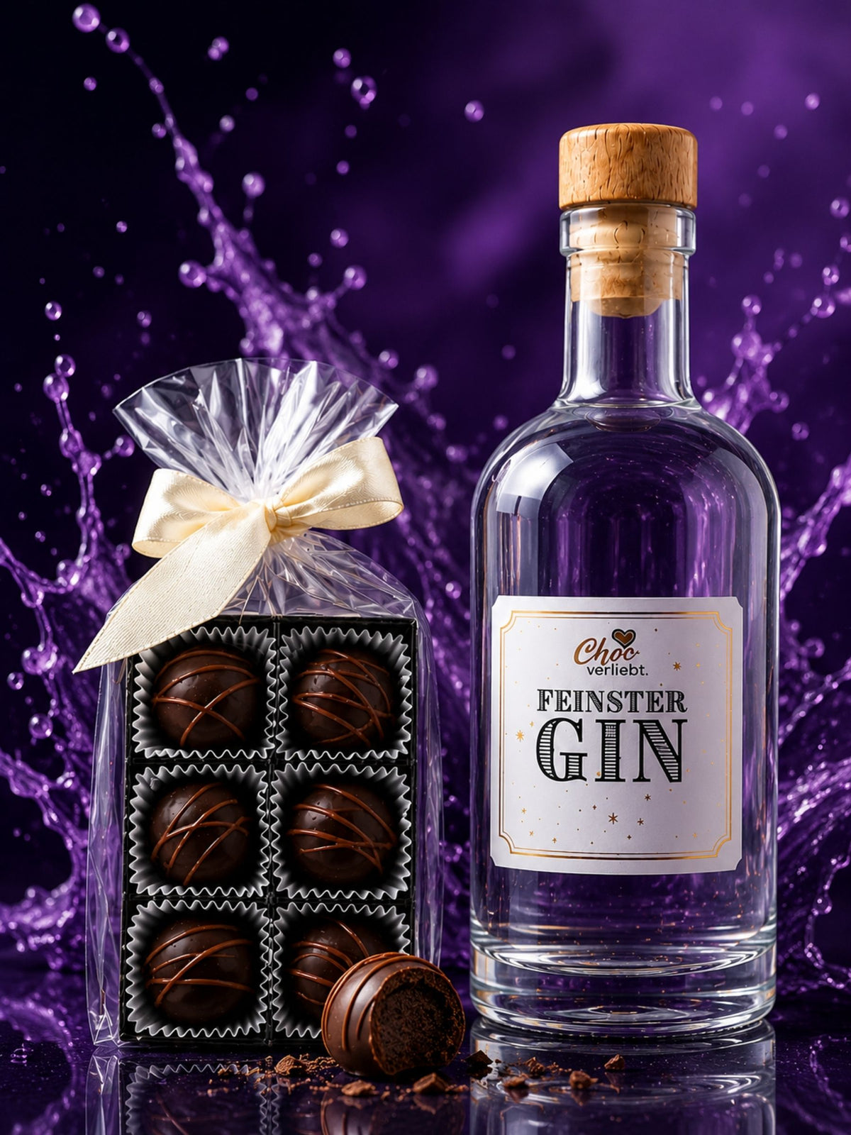 Produktbild von Feinster Glitzer Gin mit Gin-Trüffeln 270g Choc Verliebt vor Lila Hintergrund