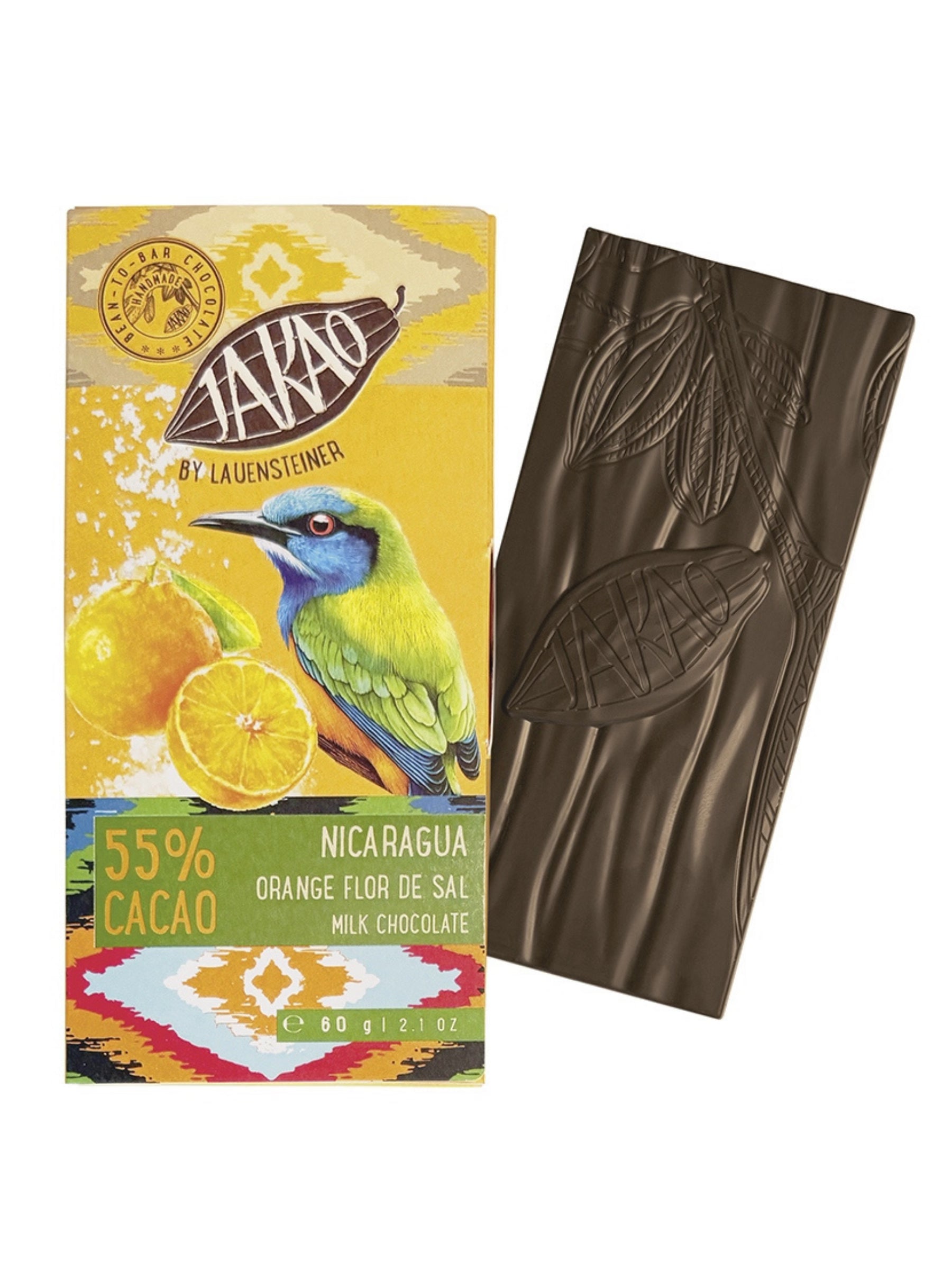 Lauenstein JAKAO Nicaragua 55% mit Orange und Flor de Sal Bio 60g Ursprungsschokolade, erhältlich in der Dreyer Confiserie in Hameln.
