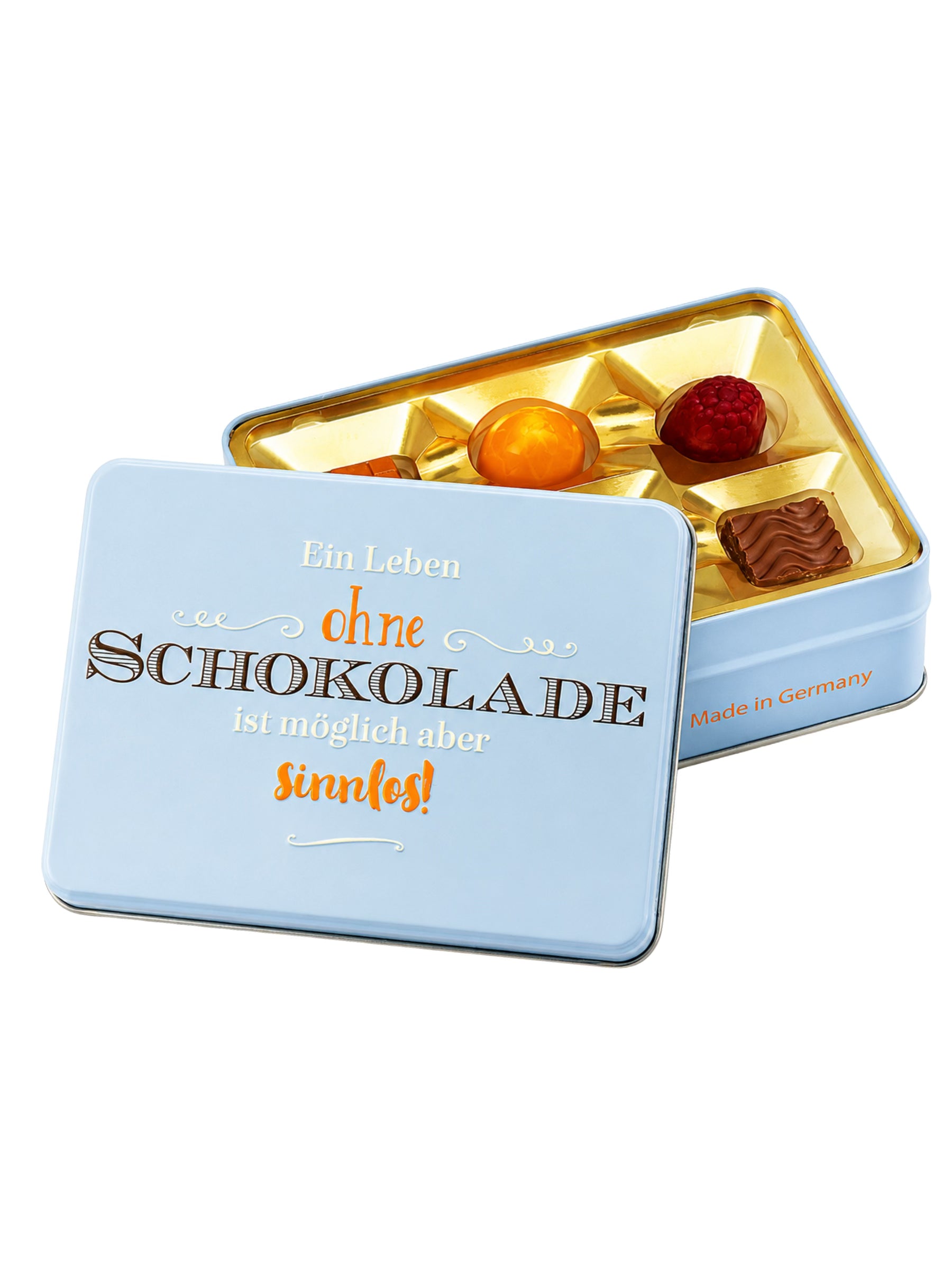 Präsentdose Leben ohne Schokolade 75g Confiserie Rabbel
