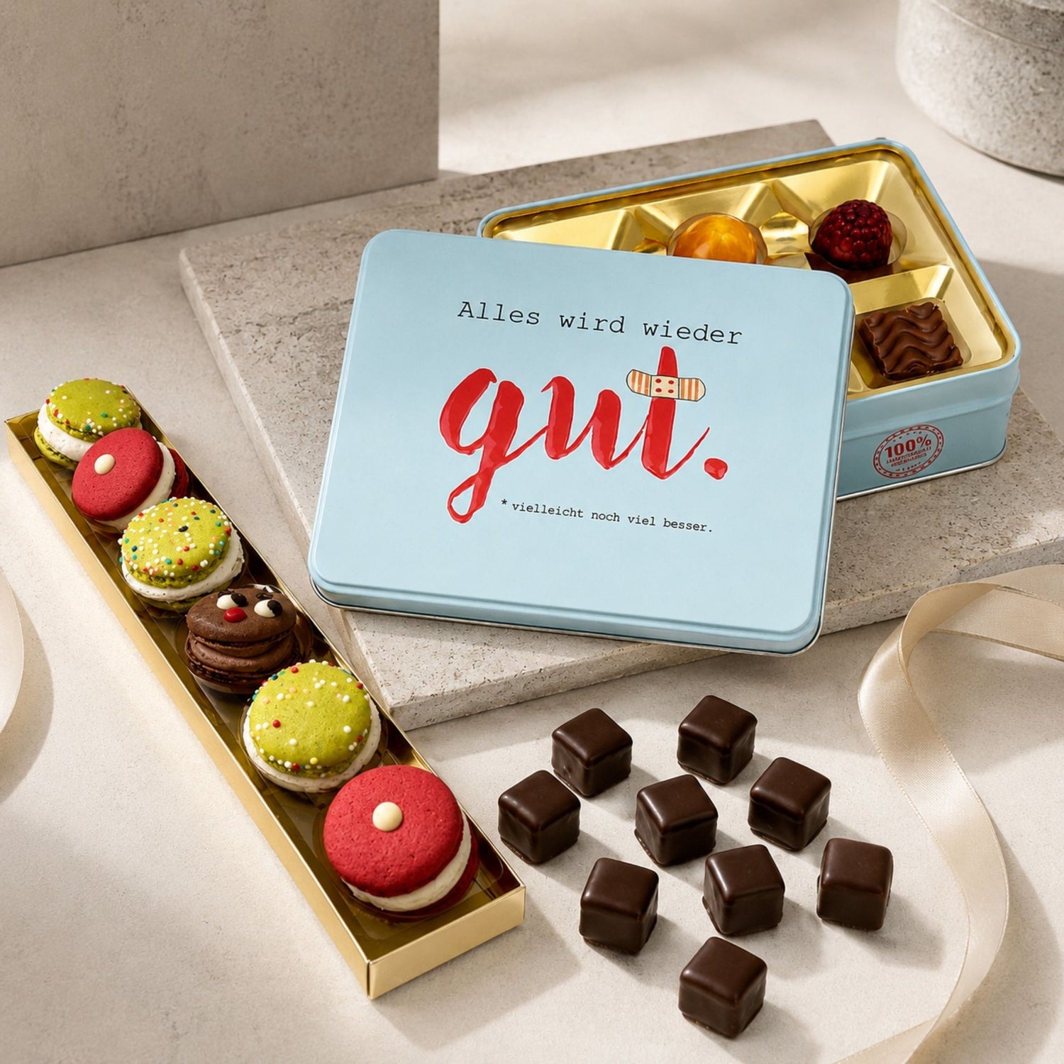 Pralinen kühl und trocken in der Geschenkdose aufbewahren

