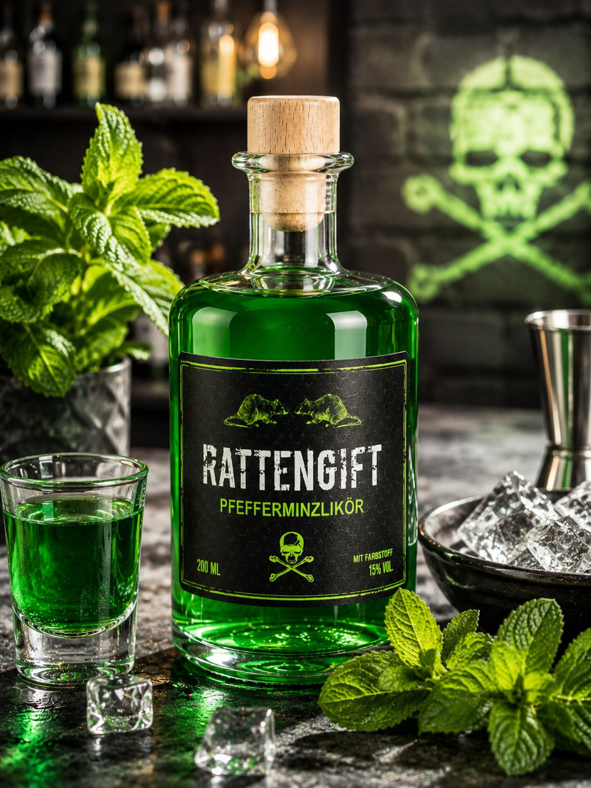 Rattengift Pfefferminzlikör 200 ml von Dreyer Confiserie, präsentiert mit frischer Pfefferminze, Eis und Likörglas in moderner Bar-Atmosphäre.