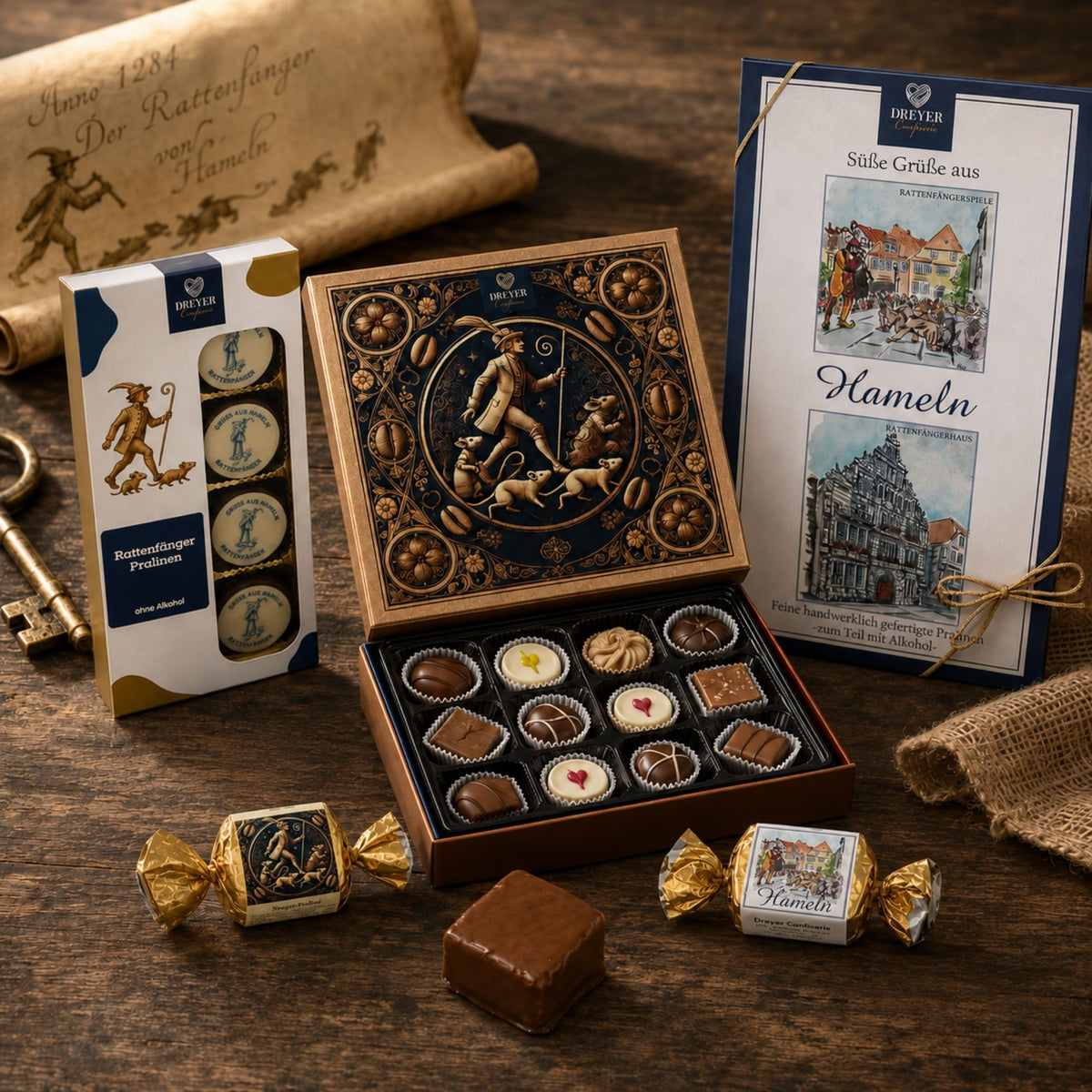 Rattenfänger-Souvenir-Pralinen aus Hameln auf rustikalem Holz