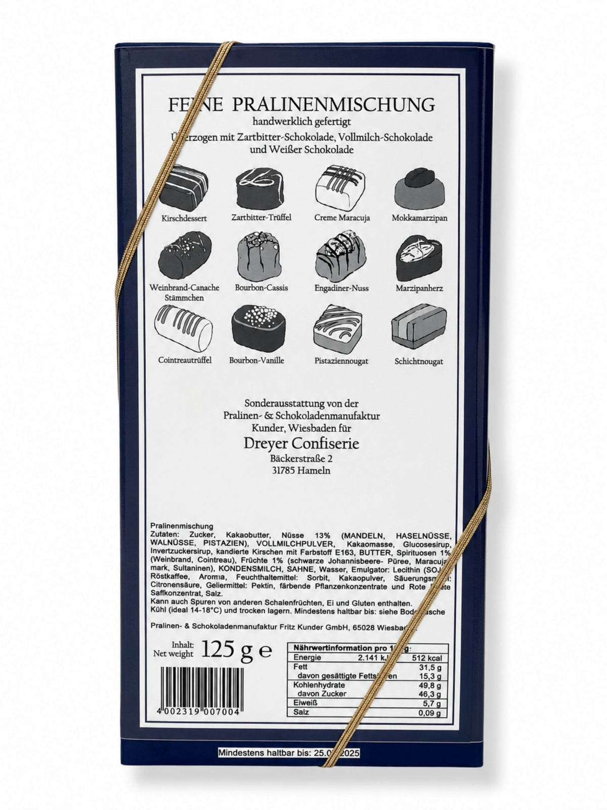 Rückseite Feine Pralinen alkoholfrei 250g von der Dreyer Confiserie