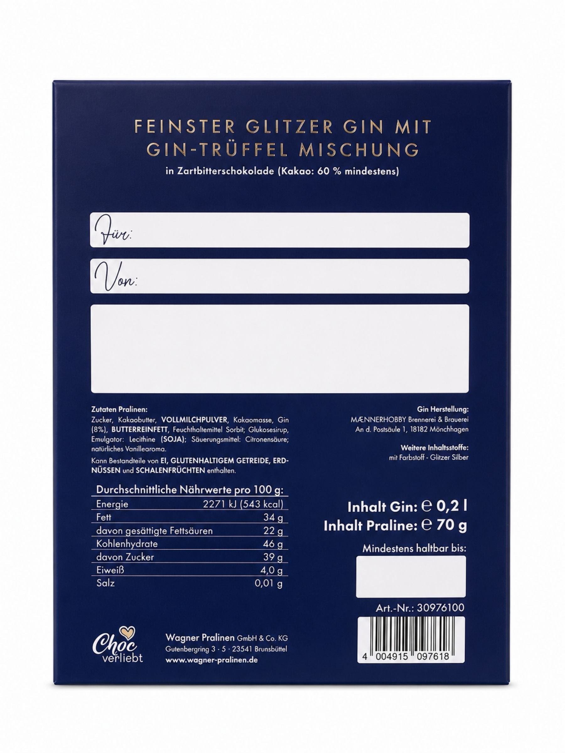 Rückseite von Feinster Glitzer Gin mit Gin-Trüffeln 270g Choc Verliebt