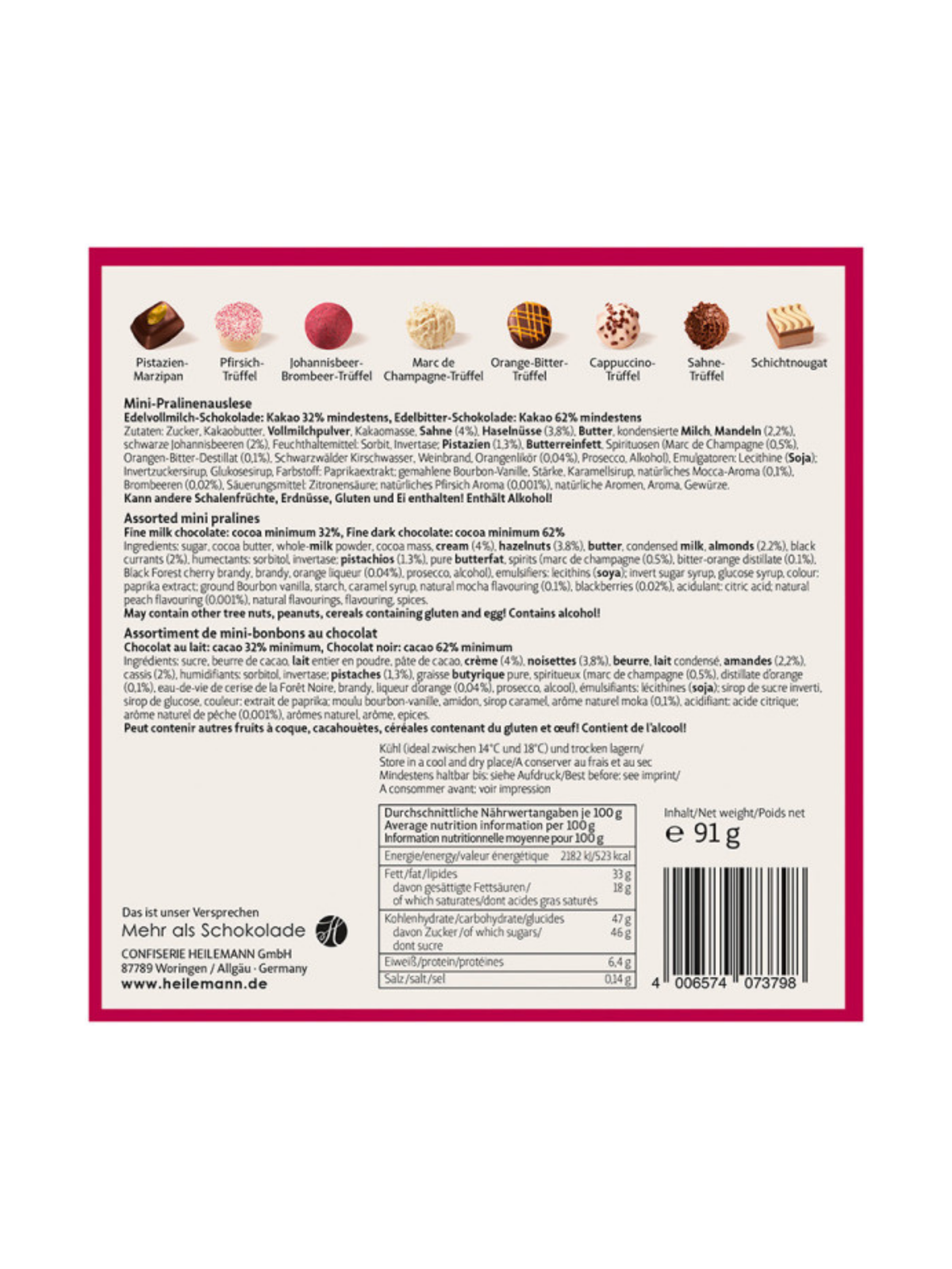 Rückseite und Inhaltstoffe von Mini Pralinés „Merry Christmas“ 91 g – festliche Geschenkverpackung mit edlen Pralinés und Etikett „Winter in der Rattenfängerstadt“, erhältlich in der Dreyer Confiserie in Hameln.