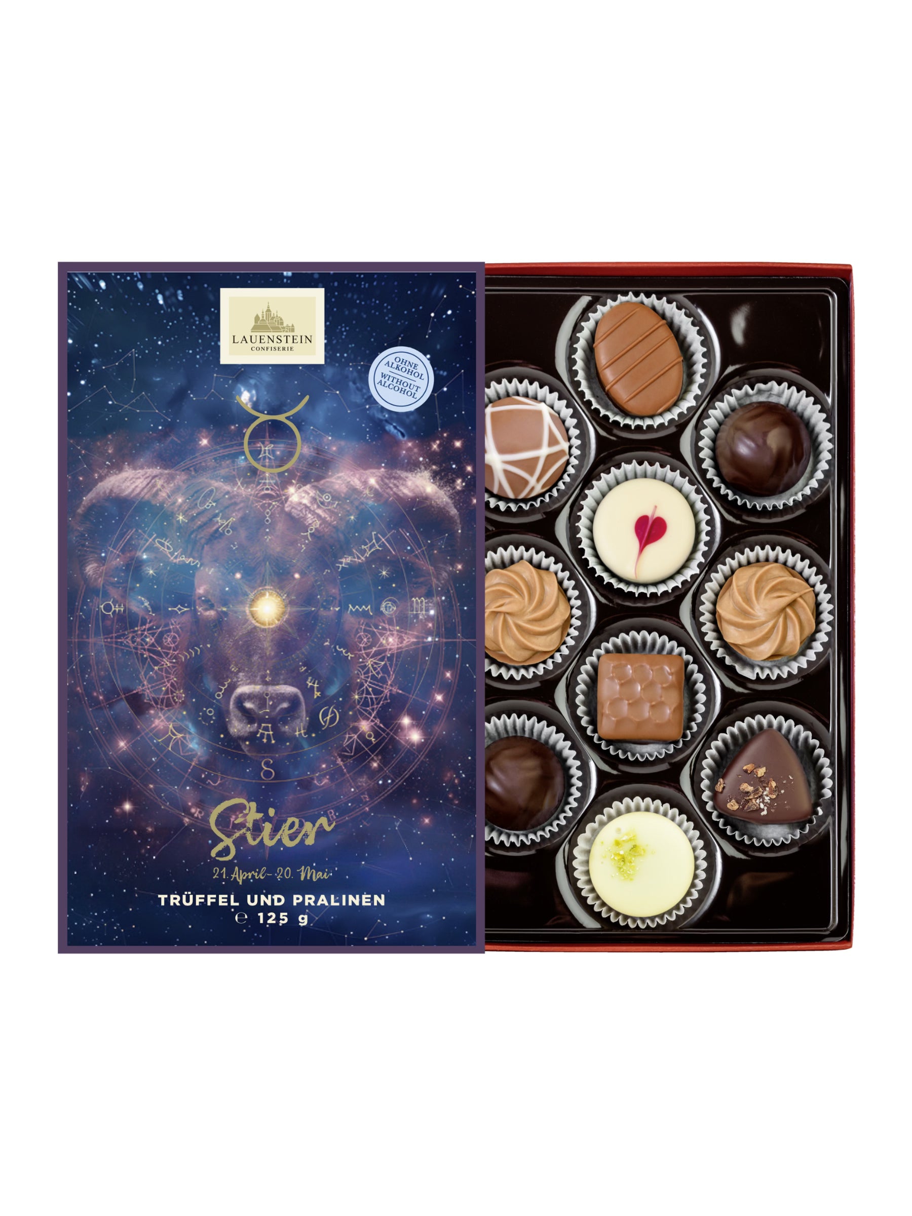 Sterne Edition Stier Pralinen Geschenk ohne Alkohol Lauensteiner 125g Sterne Edition