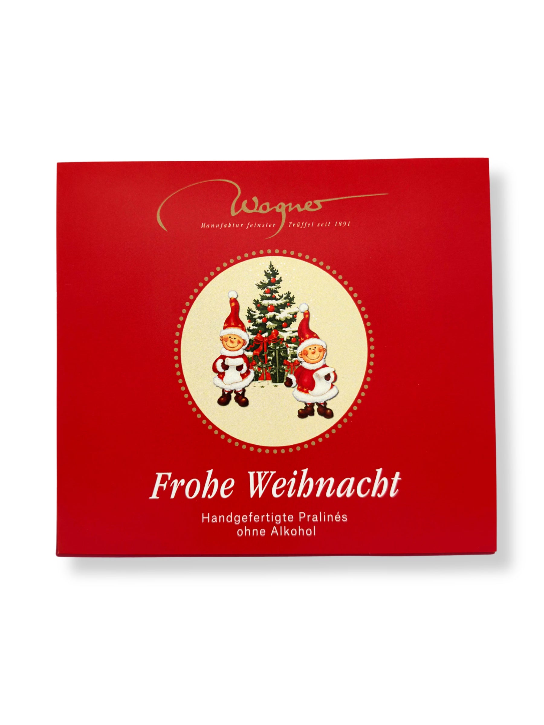 Wagner Trüffelpralinés Harmonie „Weihnachtswichtel“ 100 g, handgefertigte alkoholfreie Pralinenmischung in festlicher Geschenkverpackung, erhältlich in der Dreyer Confiserie in der Rattenfängerstadt Hameln.