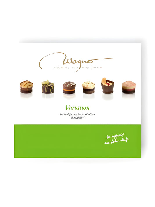 Wagner Variation Dessertpralinen ohne Alkohol 100g. Pralinenmischung aus Zartbitter-, Vollmilch- und weißer Schokolade mit Dessertfüllungen. Erhältlich in der Dreyer Confiserie aus der Rattenfängerstadt Hameln. 