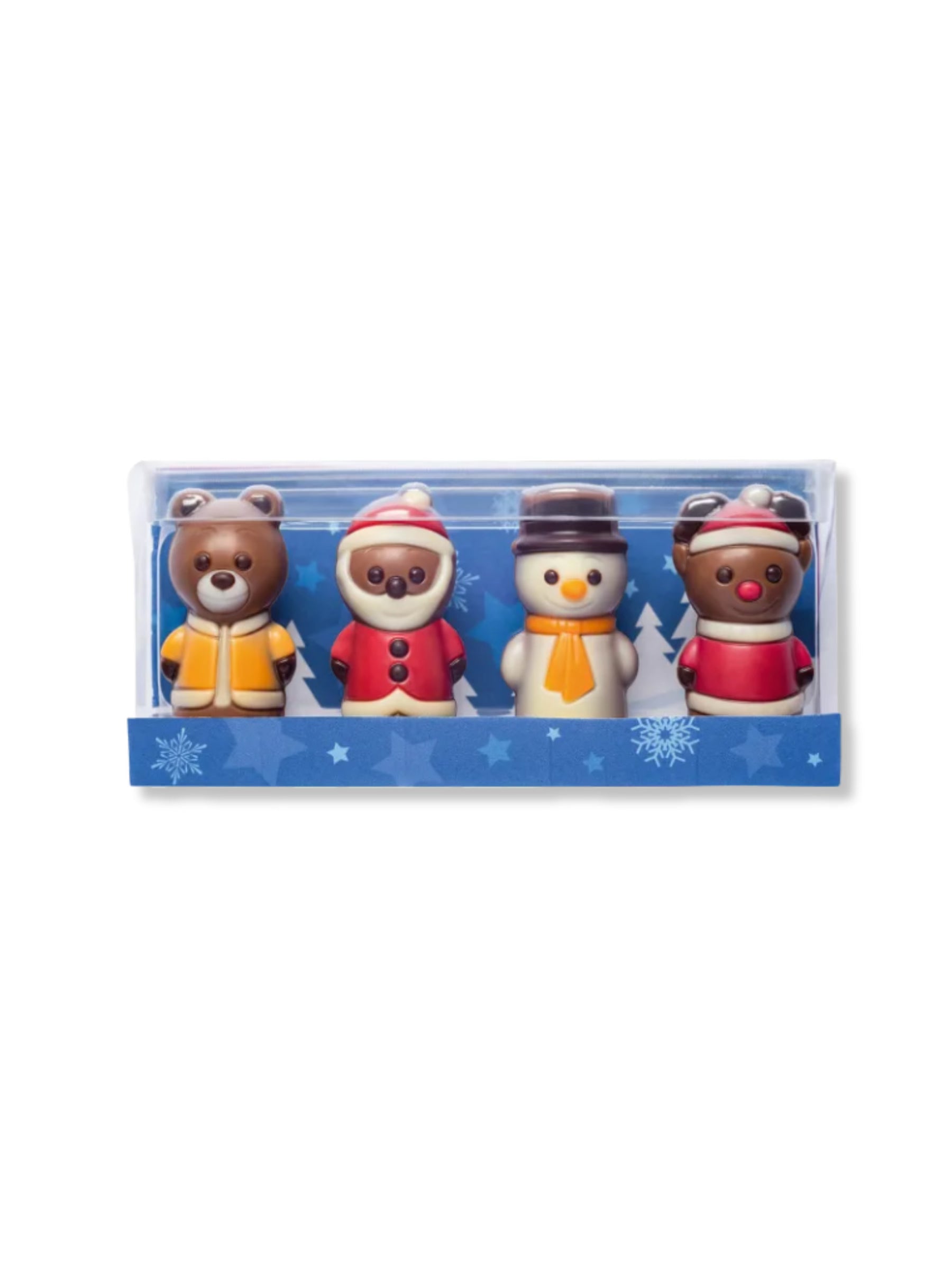 Weibler Mini Weihnachtsfiguren 40 g – vier kleine Edelvollmilch-Schokoladenfiguren, liebevoll dekoriert, erhältlich in der Dreyer Confiserie in der Rattenfängerstadt Hameln.