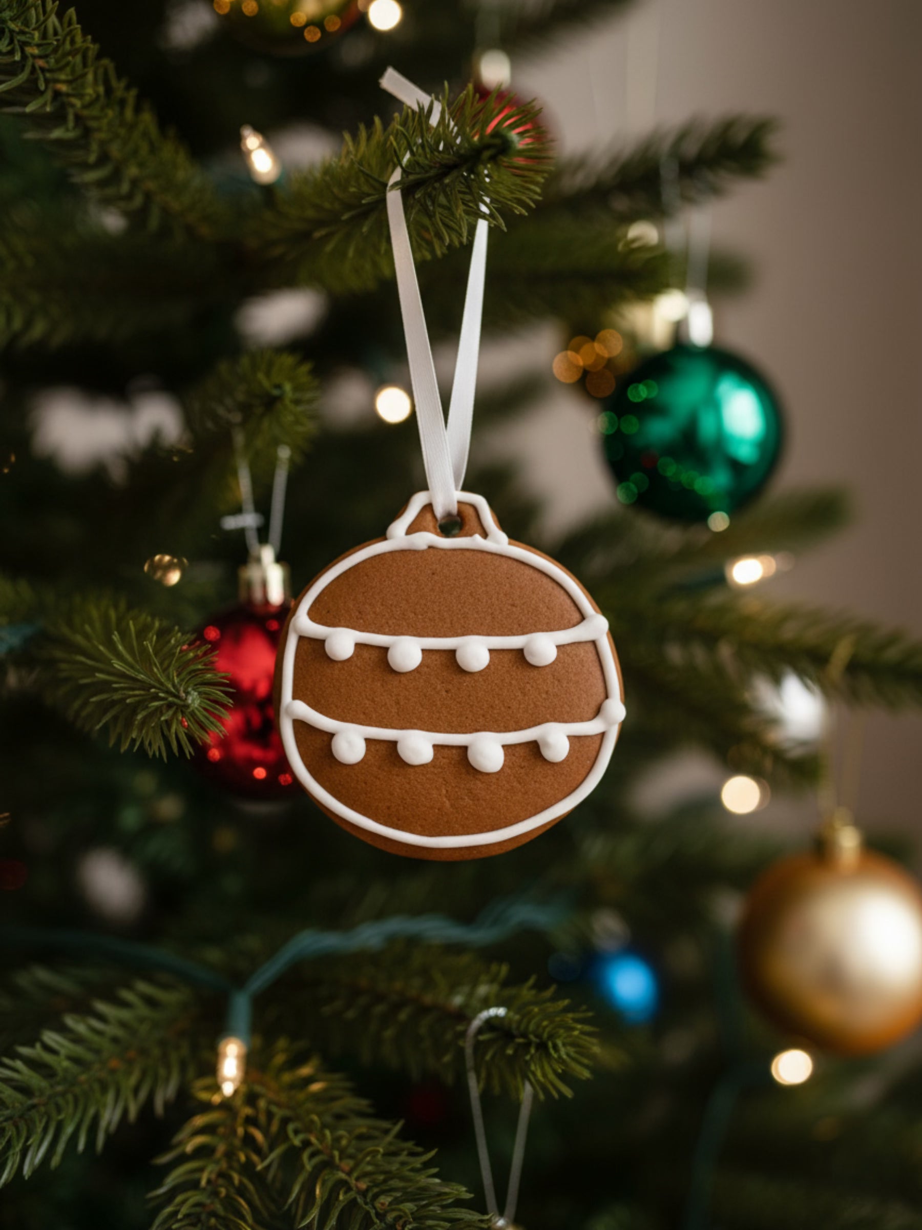 Lebkuchen Baumbehang Weihnachtskugel 15 g, handgebackener Lebkuchen mit weißem Band zum Aufhängen von Woletz Lebkuchen-Manufaktur. Erhältlich in der Dreyer Confiserie in der Rattenfängerstadt Hameln.